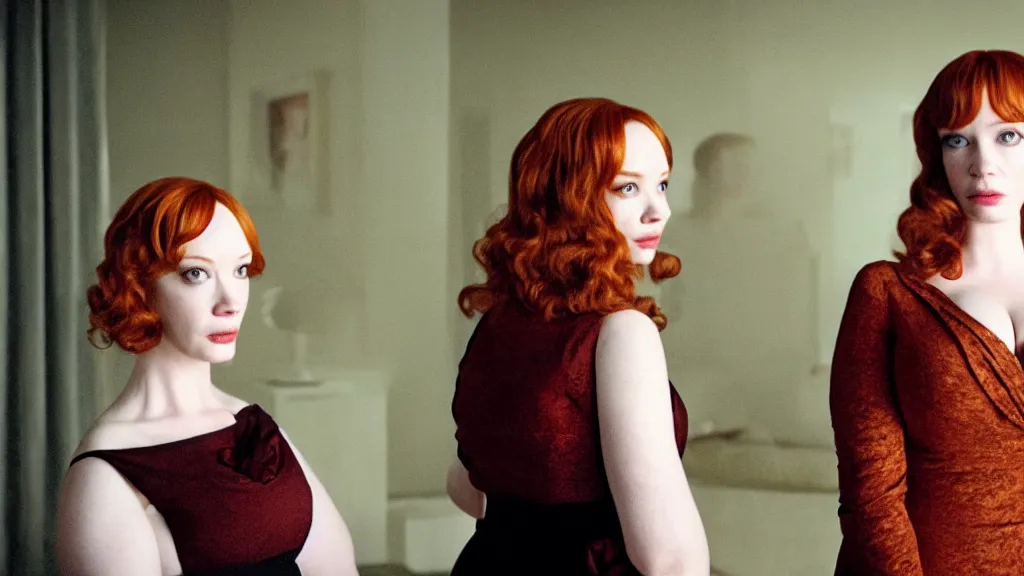 Image similar to a very surprised beautiful Christina Hendricks and her twin sister in the living room, film still from the movie directed by Denis Villeneuve with art direction by Salvador Dalí, wide lens