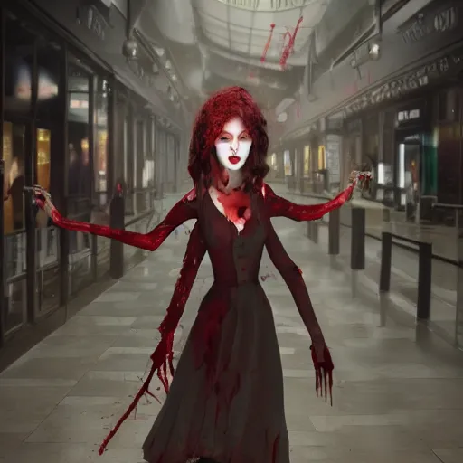 Image similar to vampire with bloody clothes walking in a shopping mall, 8 k, trending on artstation