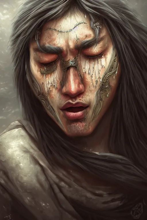 Image similar to portrait of a warrior crying. fantasy, digital painting, hd, detailed.