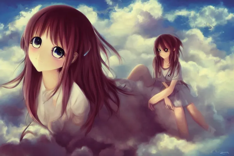 Image similar to a cute anime girl sitting on a cloud, digital painting, anime, portrait