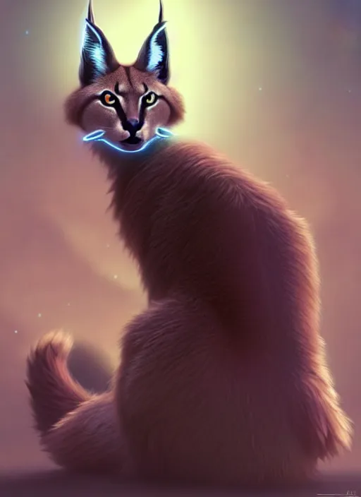 Image similar to cute fluffy caracal sitting politely, facing the camera, anime art style, wearing futuristic, led - lit armor, and a cannon mounted on his back, portrait, high detail, sharp focus, digital painting, artstation, concept art, art by hayao miyazaki and artgerm and greg rutkowski and alphonse mucha.