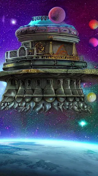 Image similar to mythical palace on a floating astroid in space in front of colliding spiral galaxies