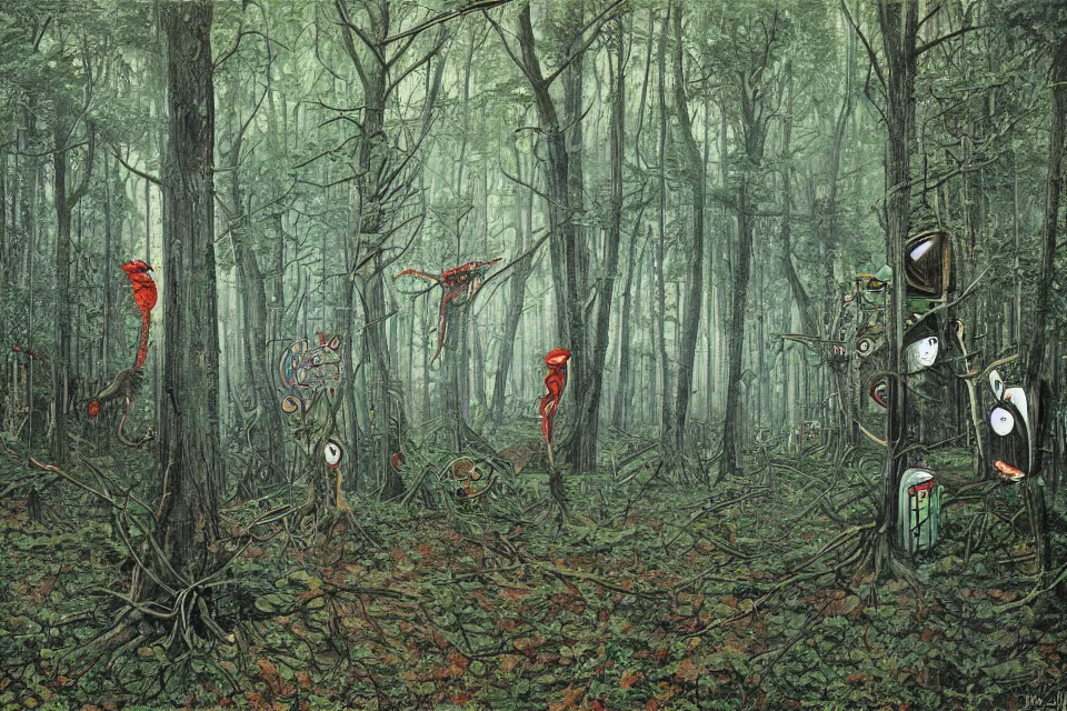 Image similar to anamorphic surrealist graffiti of a forest, by birdo, alex maksiov and john pugh