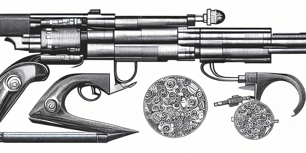 Image similar to schematic diagram illustration of a revolver, ultra detailed, 4 k, intricate, encyclopedia illustration, fine inking lines