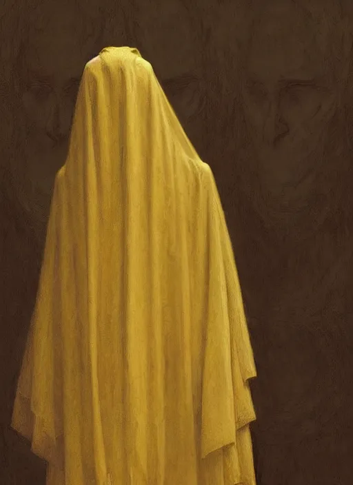 Prompt: a silhouette dressed with a shroud wearing a golden mask, by jean delville and sophie anderson and mandy jurgens, composition, elegant, not cropped, extremely detailed, hd, masterpiece, artstation