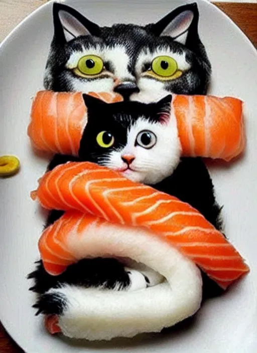 Image similar to clear photorealistic picture of adorable cats made out of sushi