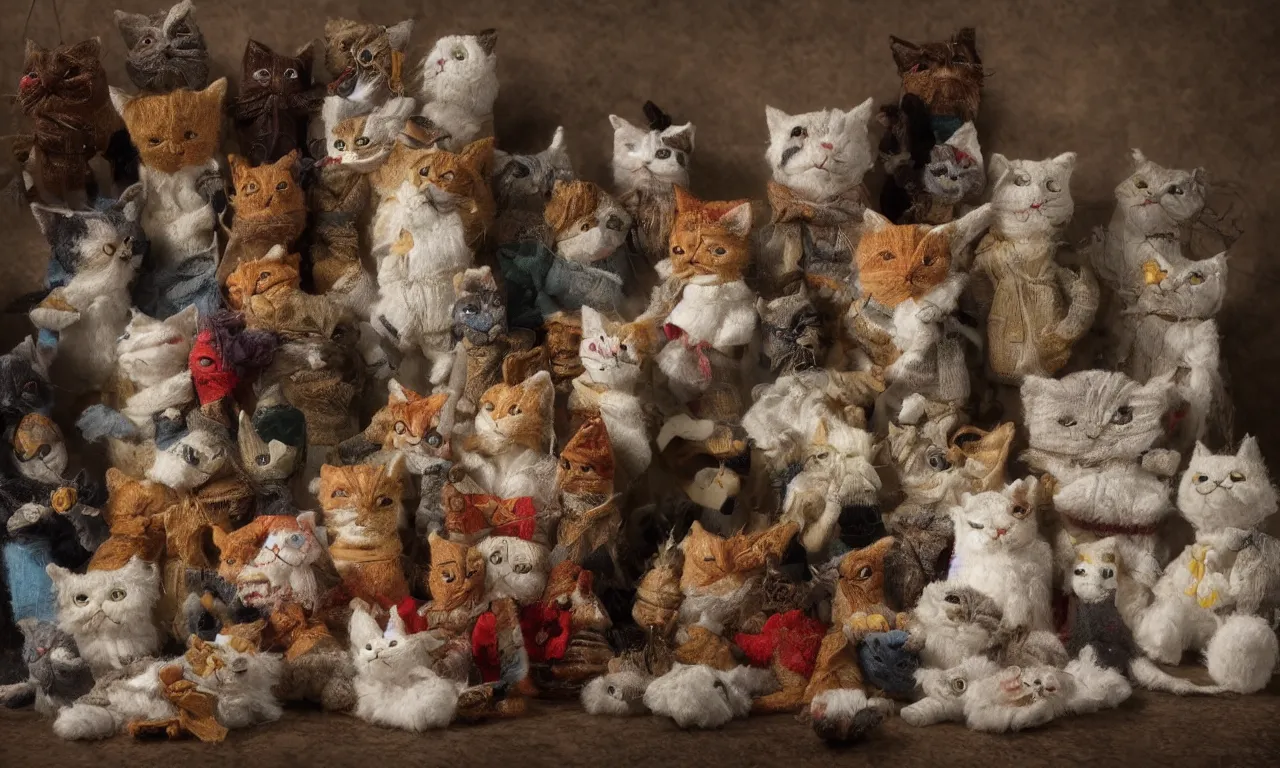 Prompt: a cinematic picture of cats, handmade and handstitched cloth rag dolls in the form of a cat, stitched fabric cat dolls, childrens toy, a child's doll, visible stitching, embroidery, by James C. Christensen, by Tomasz Alen Kopera, by Raphael, by Caravaggio, 8K, rendered in Octane, cinematic, 3D, volumetric lighting, highly detailed, photorealistic, hyperrealism