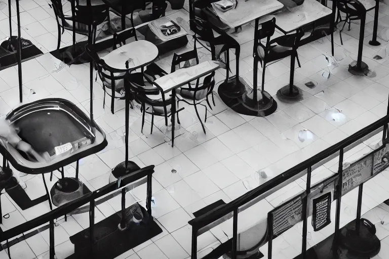 Image similar to overhead view, surveillance, black and white, grainy image, a lion in an empty fast food restaurant lobby