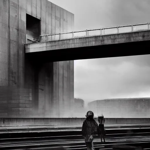 Image similar to a Photograph from the dystopian future of a British male in the year 2045 after ‘the event’ has taken place. Photorealistic, vivid, terrifying, somber, upsetting, 35mm, sharp focus, very very brutal, British architecture in the background, moody lighting 8k people don’t want to be outside anymore