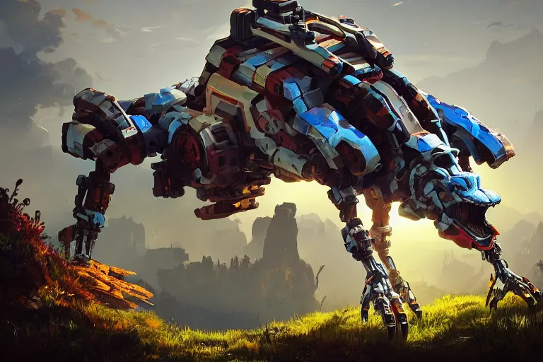 Image similar to grazer machine mecanical creature robot of horizon forbidden west horizon zero dawn radiating a glowing aura global illumination ray tracing hdr fanart arstation by ian pesty and alena aenami artworks in 4 k