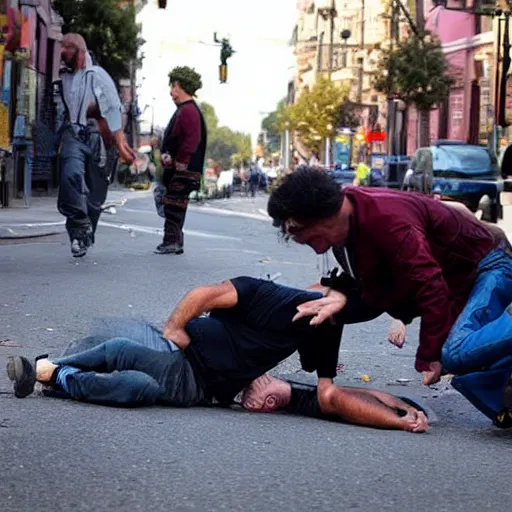 Image similar to 3 drunks fall over in the street