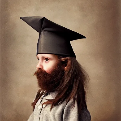 Image similar to photograph of a five year old boy wizard, beard, wizard hat by annie leibovitz, long hair