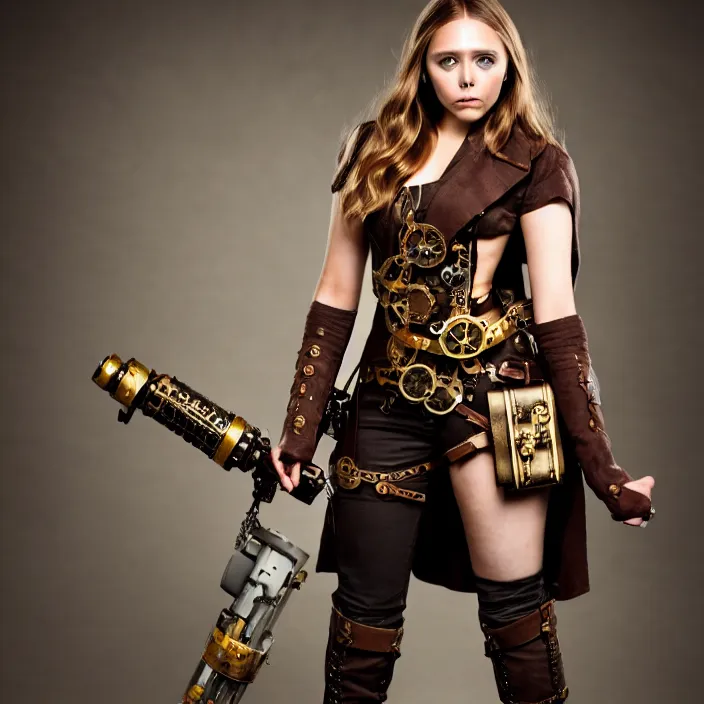 Prompt: full body photograph of elizabeth olsen as a steampunk warrior. extremely detailed. dslr. 8 5 mm.