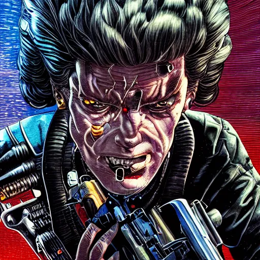 Image similar to portrait closeup of crazy terminator firing guns, symmetrical, cinematic colors, by yoichi hatakenaka, masamune shirow, josan gonzales and dan mumford, ayami kojima, takato yamamoto, barclay shaw, karol bak, yukito kishiro