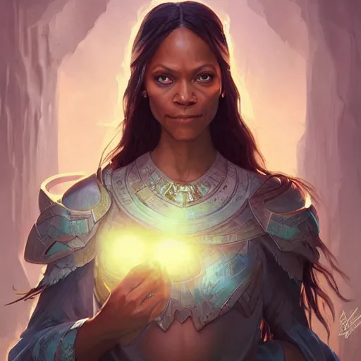 Prompt: zoe saldana, deep focus, d & d, fantasy, intricate, elegant, highly detailed, digital painting, artstation, concept art, matte, sharp focus, illustration, hearthstone, art by artgerm and greg rutkowski and alphonse mucha