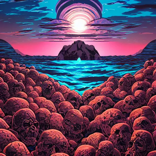 Image similar to a mountain of skulls amidst the ocean, photograph, realistic, morning light, dan mumford color scheme