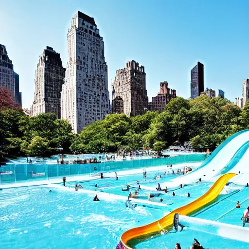 Image similar to photo of a large water park with numerous slides and water rides inside of central park. the new york city skyline is shown in the background.