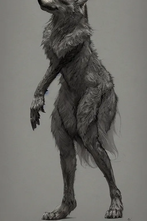 Prompt: concept art of a gray wolf, standing pose, intricate, elegant, highly detailed, digital painting, artstation, concept art, smooth, sharp focus, illustration, art by krenz cushart and artem demura and alphonse mucha