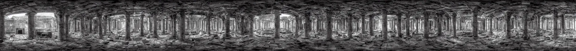 Image similar to photo of an immersive forgotten panopticon well, with columns and destroyed cybernetics from an ancient civilization, photorealistic, full of eyes, higly detailed dark, 3 6 0 picture, panorama, 3 5 mm slide, trending on flickr, in the style of francesca woodman, zachary corzine, zhelong xu, greg rutkowski and anders zorn