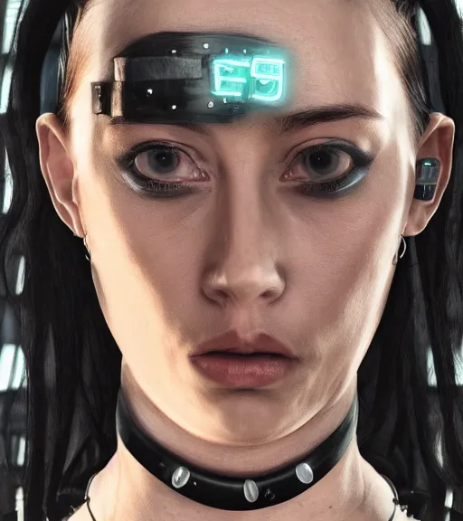 Image similar to detailed realistic female character cyberpunk wearing thick steel collar around neck, realistic, art, beautiful, 4K, collar, choker, collar around neck, punk, artstation, detailed, female, woman, choker, cyberpunk, neon, punk, collar, choker, collar around neck, thick collar, tight around neck, punk,