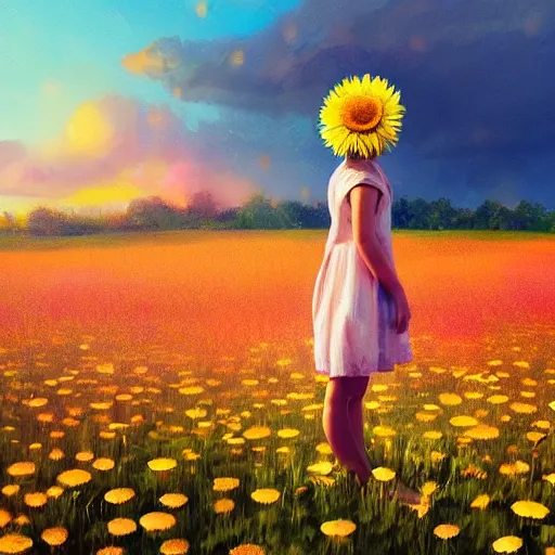 Prompt: head made of giant daisies, girl standing barefoot in a vast flower field, arms down, surreal photography, sunrise dramatic light, impressionist painting, colorful clouds, large sky, digital painting, artstation, simon stalenhag, flower face