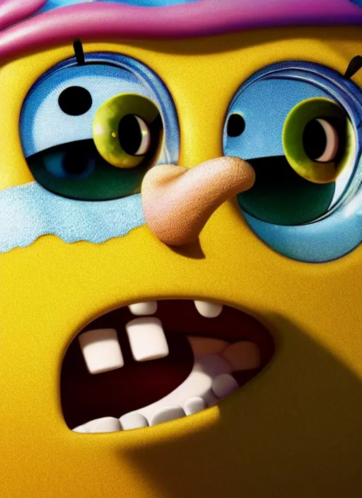 Image similar to closeup portrait of spongebob squarepants, depth of field, zeiss lens, detailed, symmetrical, centered, fashion photoshoot, by annie leibovitz and steve mccurry, david lazar, jimmy nelsson, breathtaking, 8 k resolution, extremely detailed, beautiful, establishing shot, artistic, hyperrealistic, beautiful face, octane render