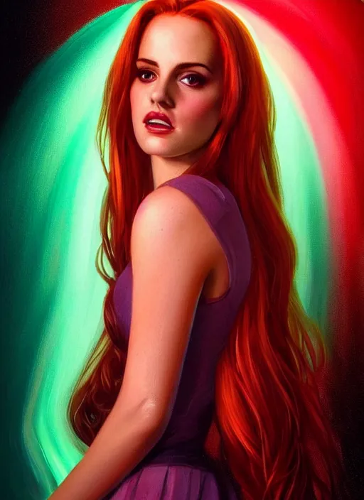 Image similar to full body portrait of teenage cheryl blossom, bangs, green eyes, sultry expression, red hair, sultry smirk, bangs and wavy hair, big bangs, intricate, elegant, glowing lights, highly detailed, digital painting, artstation, concept art, smooth, sharp focus, illustration, art by wlop, mars ravelo and greg rutkowski