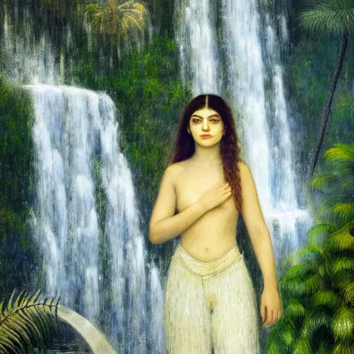 Image similar to a ultradetailed beautiful painting of lorde standing in front of the diamonds waterfall in the amazonas palace balustrade designed by jules bastien - lepage, tarsila do amaral, frank weston and gustave baumann, beach, trending on artstation, mediterranean, palm trees, sharp focus, soft light, 8 k 4 k