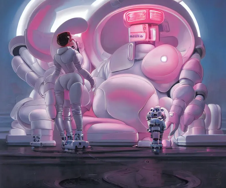 Prompt: beautiful michelin man portrait, natalie portman, back facing, wearing oversized pink puffy bomber jacket and white leotard, futuristic chrome drones, ultra realistic, dramatic lighting, robots, tron legacy artifacts, highly detailed by peter mohrbacher, hajime sorayama, wayne barlowe, boris vallejo, aaron horkey, gaston bussiere, craig mullins