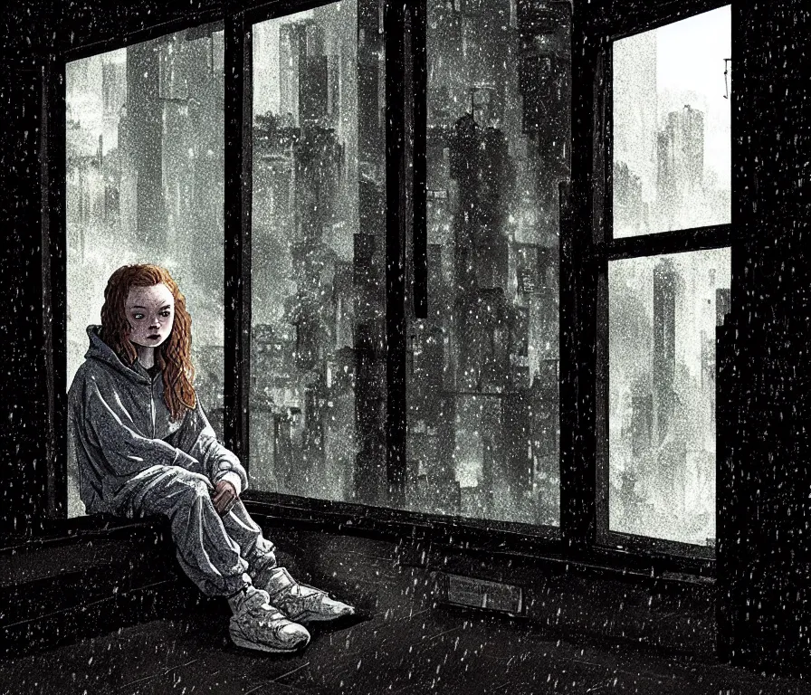 Prompt: sadie sink in hoodie sits on windowsill, knees tucked in | rain falls at night : storyboard, scifi cyberpunk. by gabriel hardman, joe alves, j. todd anderson, chris bonura. cinematic atmosphere, detailed and intricate, perfect anatomy