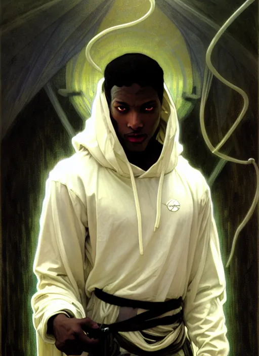 Image similar to awe-inspiring award-winning concept art nouveau painting of attractive young black man in a white hoodie angelic warrior figure, darkness, by Alphonse Mucha, Michael Whelan, William Adolphe Bouguereau, John Williams Waterhouse, and Donato Giancola, cyberpunk, fierce, extremely moody lighting, glowing light and shadow, atmospheric, shadowy, cinematic, diffuse lighting, fantasy, intricate, elegant, highly detailed, lifelike, photorealistic, digital painting, artstation, illustration, concept art, smooth, sharp focus, art by John Collier and Albert Aublet and Leonardo da vinci and Krenz Cushart and Artem Demura and Alphonse Mucha