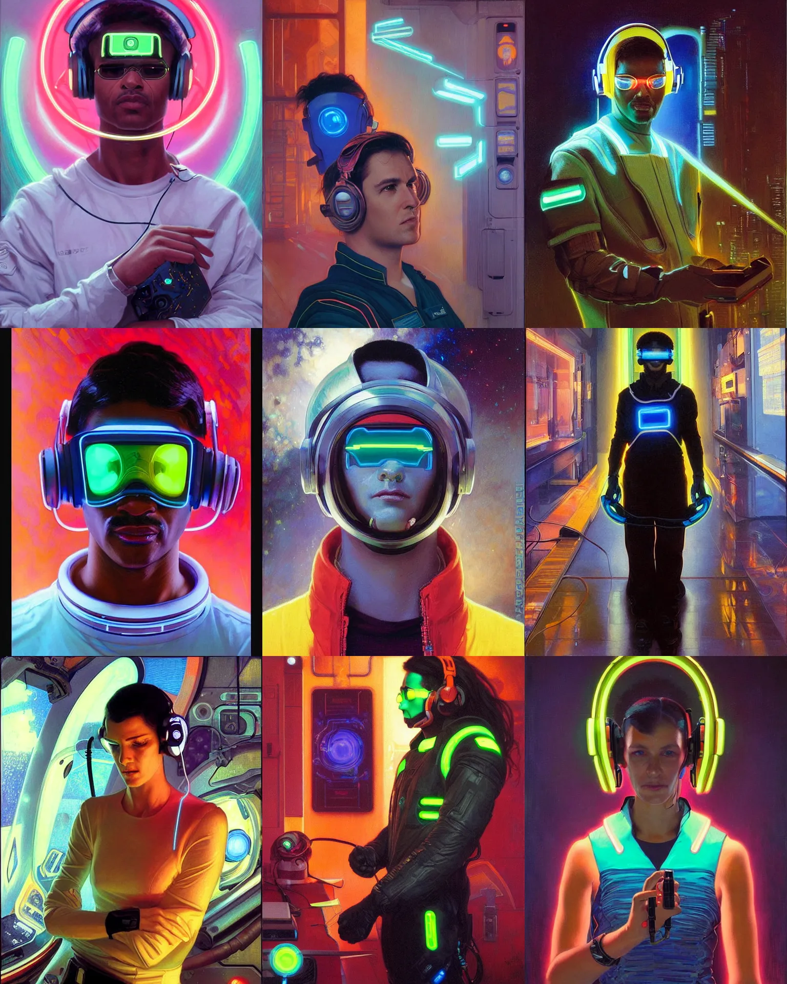Prompt: neon cyberpunk programmer with glowing geordi visor over eyes and sleek headphones meme portrait painting by donato giancola, rhads, loish, alphonse mucha, mead schaeffer astronaut fashion photography