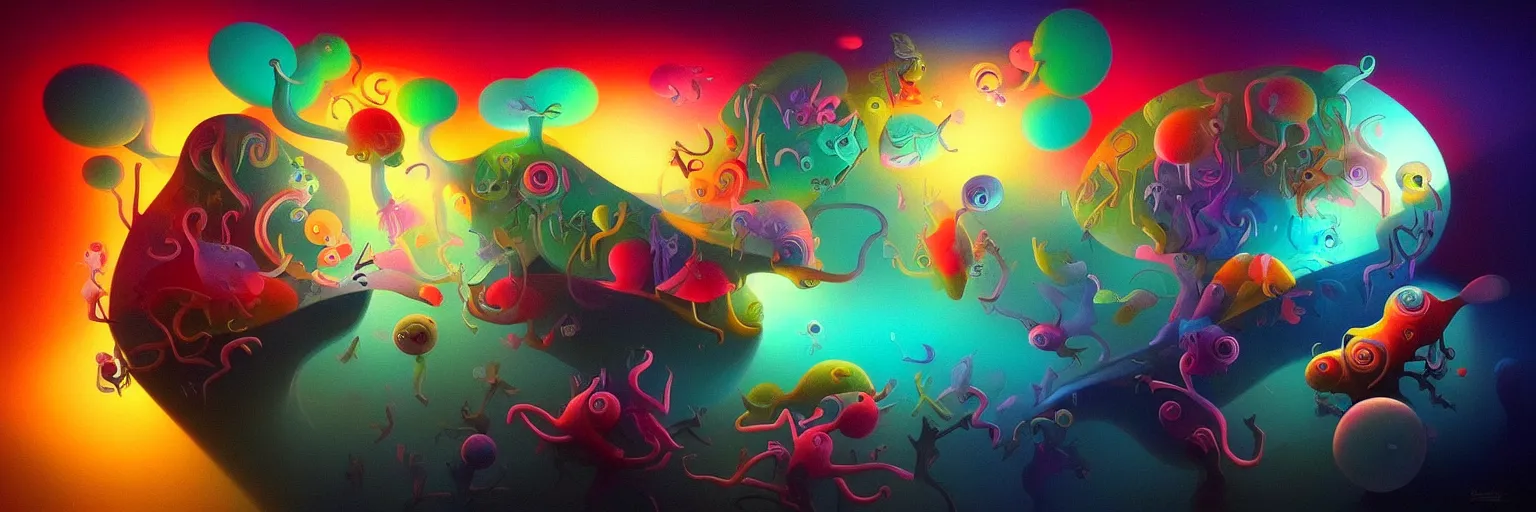 Prompt: whimsical microscopic imaginal creatures from the depths of the collective unconsciouis, dramatic lighting light rays, surreal darkly colorful painting by ronny khalil