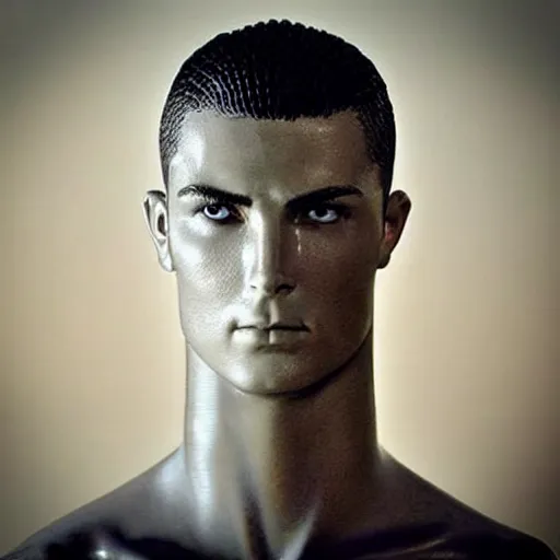 Image similar to “a realistic detailed photo of a guy who is an attractive humanoid who is half robot and half humanoid, who is a male android, Cristiano Ronaldo, shiny skin, posing like a statue, blank stare”