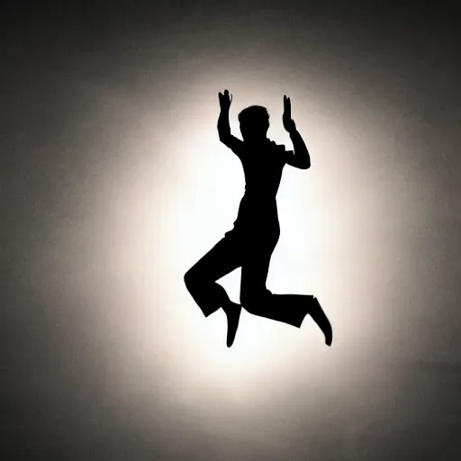 Prompt: levitating glowing human silhouette, dynamic pose ethereal, transcendent background, fantasy, painterly, bright