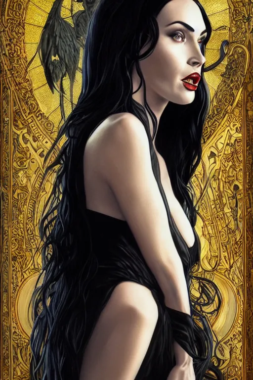 Image similar to ultra realistic illustration, a full body portrait of megan fox as morticia addams as death of the endless, the sandman, intricate, elegant, highly detailed, digital painting, artstation, concept art, smooth, sharp focus, illustration, art by artgerm and greg rutkowski and alphonse mucha