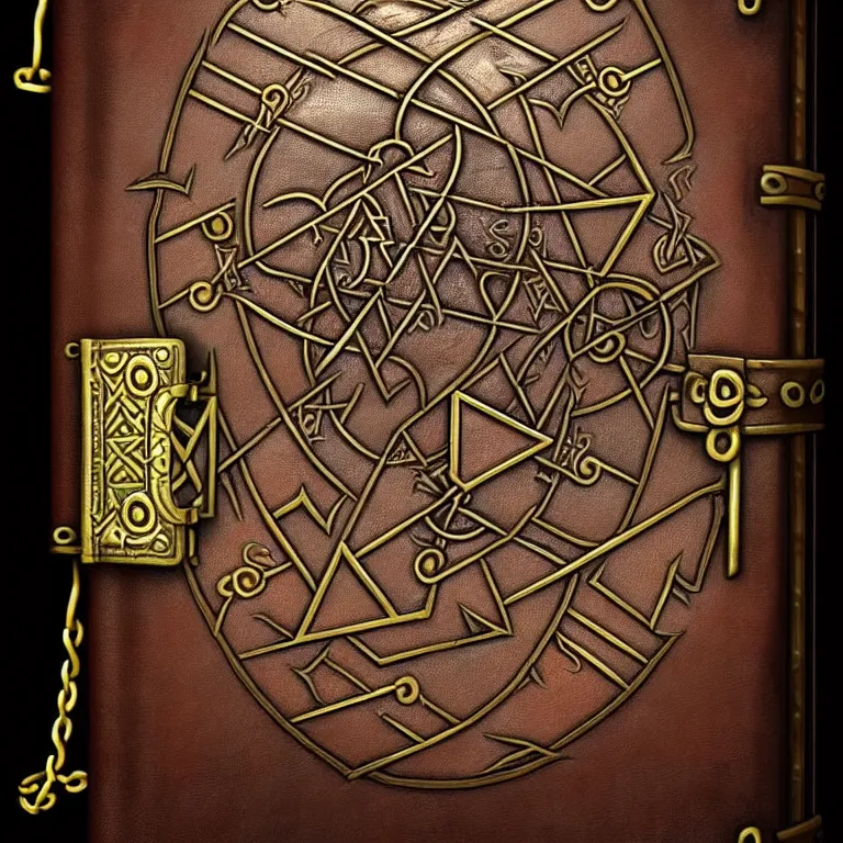 Prompt: epic professional digital art of an ancient leather-bound spellbook with heavy metal chains and thick metal clasps inscribed with runes; best on artstation