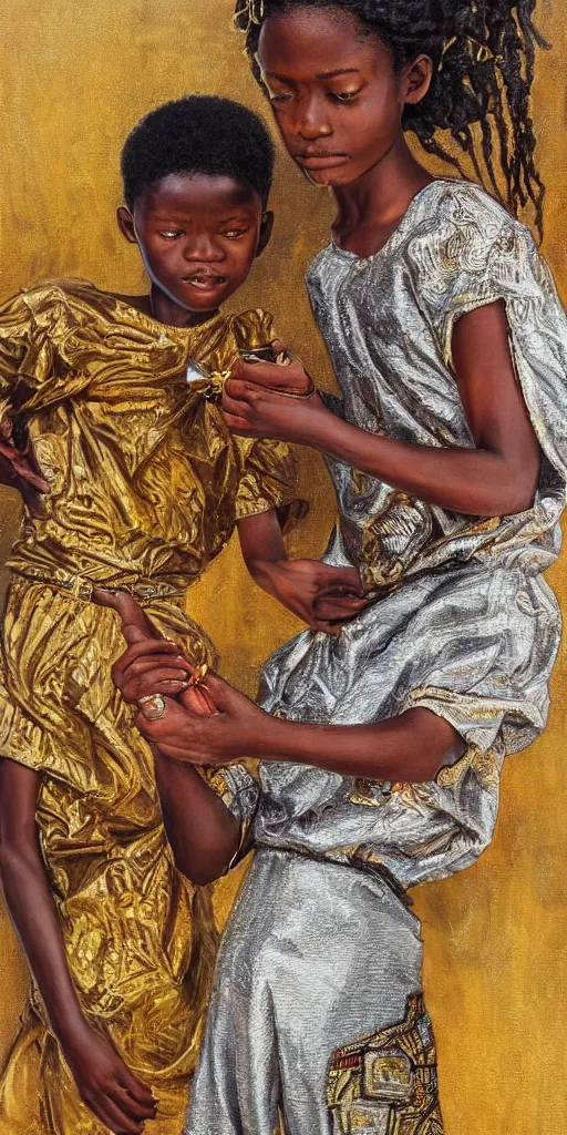 Prompt: masterpiece oil painting, one african teenager playing with large silver yo yo female, charles vess, gold silk intricate stitched patterned clothes,, hdri lighting, octane