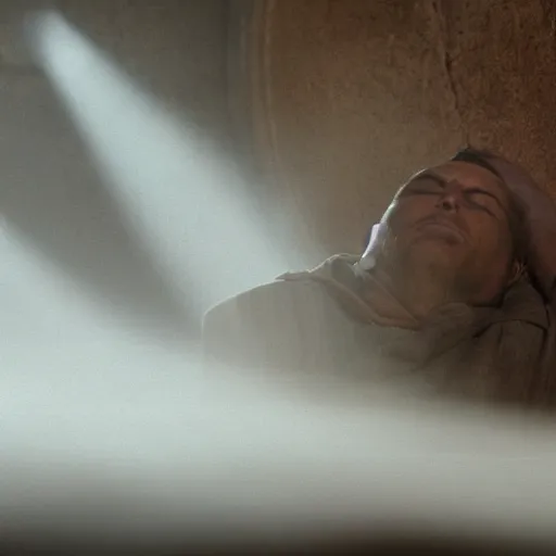 Image similar to a priest sleeping in a large clay pot, foggy, sun rays, cinematic shot, photo still from movie by denis villeneuve, wayne barlowe