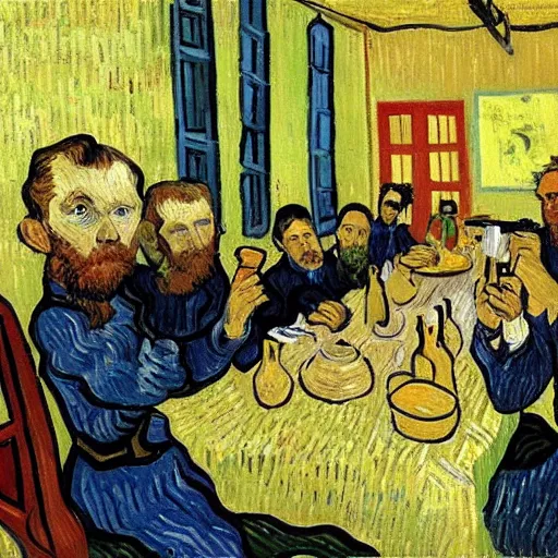 Image similar to a group of friends having lunch, van Gogh style