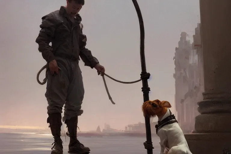 Image similar to a man tied to a pole, jack russel terrier pissing on him, highly detailed, digital painting, artstation, concept art, smooth, sharp focus, illustration, cinematic lighting, art by artgerm and greg rutkowski and alphonse mucha