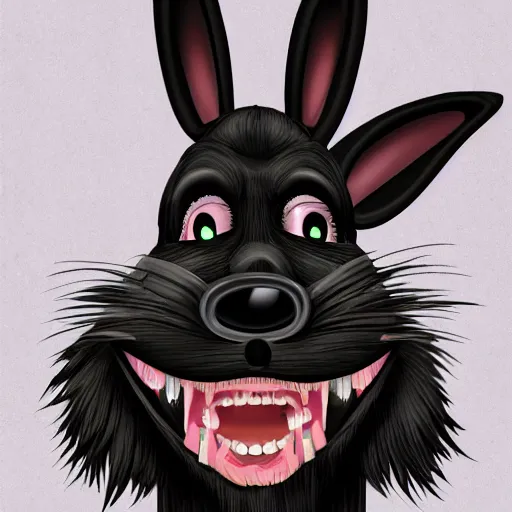 Image similar to A extremely highly detailed majestic hi-res beautiful, highly detailed head and shoulders portrait of a scary terrifying, horrifying, creepy maniacal crazy black cartoon rabbit with scary big eyes, earing a shirt laughing maniacally , let's be friends, in the style of Walt Disney