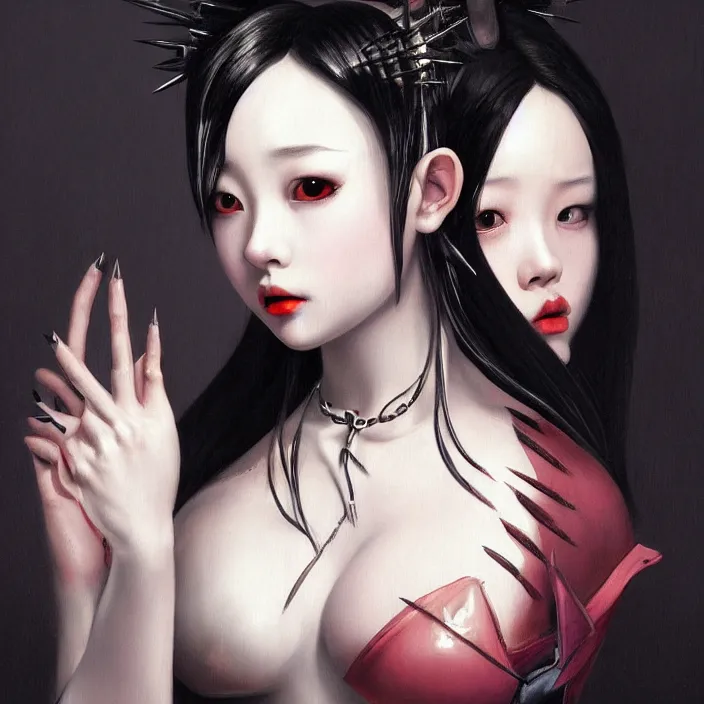 Prompt: cruel korean goth girl, vibrant, full body, spikes, latex, rubber, anime aesthetic, chibi, hyperrealistic, detailed, smooth, very smooth, brushwork, digital painting, sharp focus, concept art, fantasy, by caravaggio, by vermeer, by rembrandt