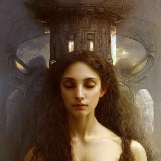 Prompt: detailed portrait of a scifi ghost, interior, filigree ornaments and greek architecture, artstation, bouguereau, beksinski, in africa, cinematic