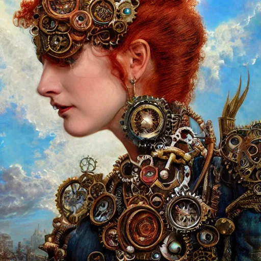 Image similar to A steampunk beautiful goddess, she is redhead, she is embellished with gears wheels and gemstones, by William Holman Hunt, Greg Rutkowski, Stanely Artgerm, Tooth Wu, Peter Gric, Aaron Horkey, trending on Artstation, digital art, mythological, symmetrical artwork, cinematic lighting, hyper realism, high detail, octane render, ultra realistic, golden ratio, 4k, 8k