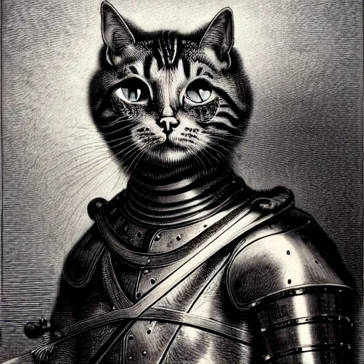 Image similar to engraving portrait of humanoid cat in medieval armoury by gustave dore. trending on deviant art, street art, chillwave, maximalist, full of color, glittering, 8 k, hd