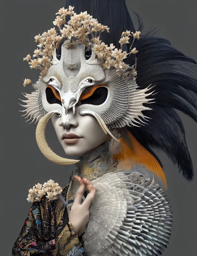 Image similar to 3 d goddess close - up 3 / 4 portrait with ram skull. beautiful intricately detailed japanese crow kitsune mask and clasical japanese kimono. betta fish, jellyfish phoenix, bio luminescent, plasma, ice, water, wind, creature, artwork by tooth wu and wlop and beeple and greg rutkowski