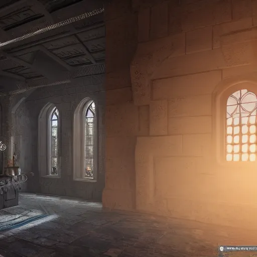 Image similar to ultra mega super hyper realistic Digital concept interior design of futuristic castle in mixed with medieval style. More cyberpunk less medieval. Natural white sunlight from the transperient roof. Rendered in VRAY and DaVinci Resolve and MAXWELL and LUMION 3D, Volumetric natural light