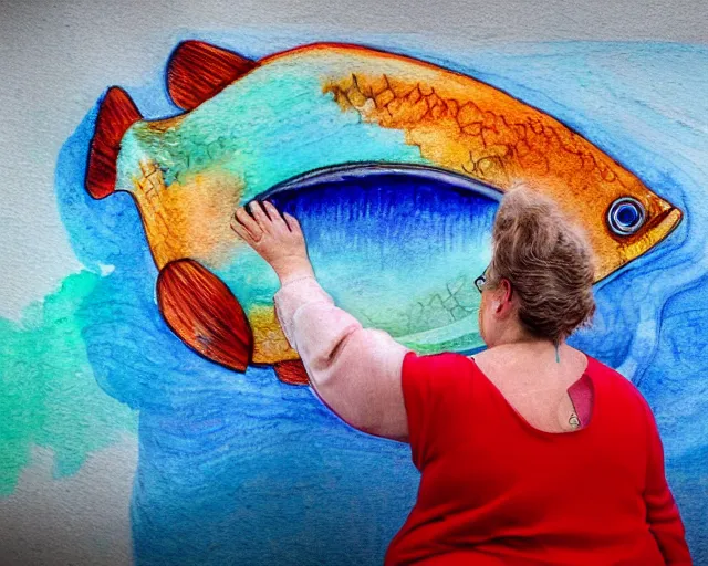 Image similar to an innocent and beautiful scene in hyper realistic style, watercolor and pen oily drawing on wood, of a fat old lady painting a huge colorful fish on the wall, lighting from the barred window. shadows. 4 k. wide angle. wild mood. red mouth, blue eyes. deep focus, lovely scene. ambient occlusion render. unreal engine.