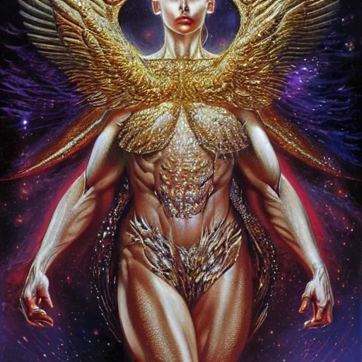 Prompt: full muscular body made of diamonds , golden feathers ,thunder, shining light, nebulas, god rays by Karol Bak, Ayami Kojima, Amano and Olivier Ledroit